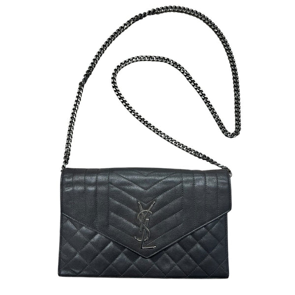 SAINT LAURENT Quilted Grain Leather Monogram Envelope Wallet on Chain Black Silver Hardware YV156