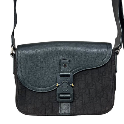CHRISTIAN DIOR Oblique Canvas & Calfskin Saddle Messenger Bag Shoulder Bag Black Matte Black Metal Hardware with Gold-tone Accents Ch2155