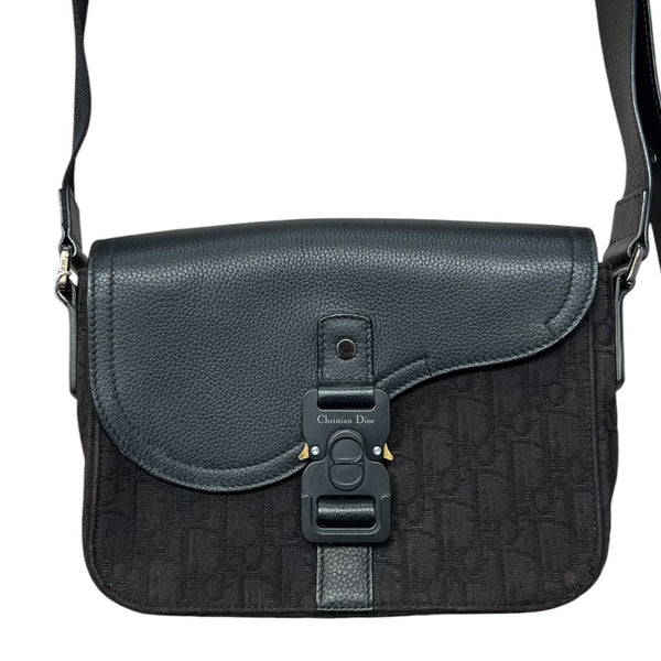 CHRISTIAN DIOR Oblique Canvas & Calfskin Saddle Messenger Bag Shoulder Bag Black Matte Black Metal Hardware with Gold-tone Accents Ch2155