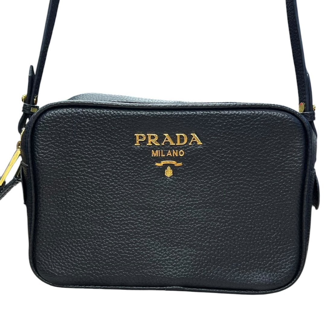PRADA Vitello Daino Double Zip Crossbody Bag Crossbody Bag Black Gold Hardware PR204