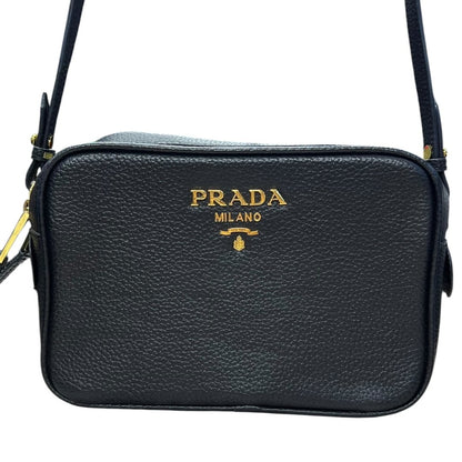 PRADA Vitello Daino Double Zip Crossbody Bag Crossbody Bag Black Gold Hardware PR204