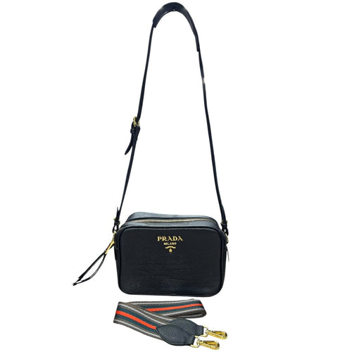PRADA Vitello Daino Double Zip Crossbody Bag Crossbody Bag Black Gold Hardware PR204