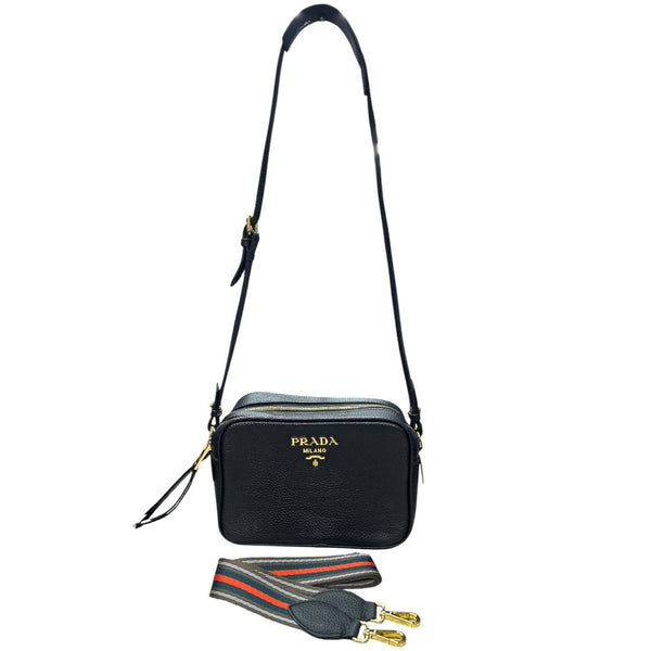 PRADA Vitello Daino Double Zip Crossbody Bag Crossbody Bag Black Gold Hardware PR204