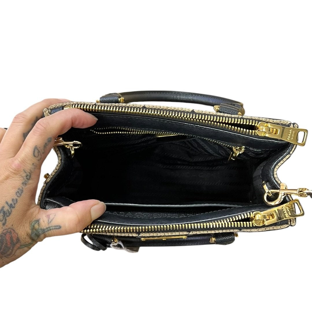 PRADA Jacquard Triangle Symbole Jacquard Triangle Mini Tote Handbag Black and Beige Gold Hardware PR203
