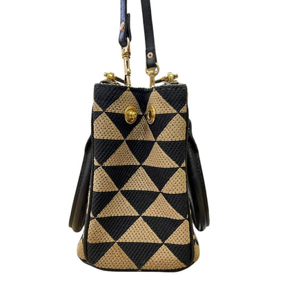 PRADA Jacquard Triangle Symbole Jacquard Triangle Mini Tote Handbag Black and Beige Gold Hardware PR203