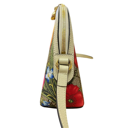 GUCCI GG Flora Canvas Ophidia GG Flora Small Shoulder Bag, Beige/Ebony (canvas) with Multicolor Floral Print and Cream/Off-white Leather Trim, Gold Hardware, GU628