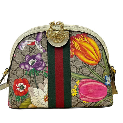 GUCCI GG Flora Canvas Ophidia GG Flora Small Shoulder Bag, Beige/Ebony (canvas) with Multicolor Floral Print and Cream/Off-white Leather Trim, Gold Hardware, GU628