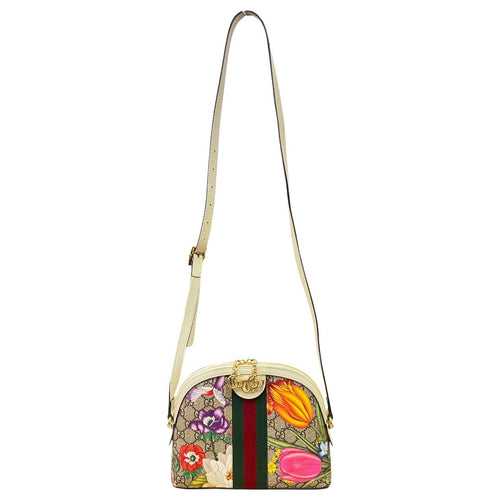 GUCCI GG Flora Canvas Ophidia GG Flora Small Shoulder Bag, Beige/Ebony (canvas) with Multicolor Floral Print and Cream/Off-white Leather Trim, Gold Hardware, GU628
