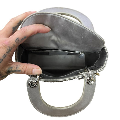 DIOR Embellished Satin Lady Dior Handbag Metallic Grey Silver Hardware Ch2157