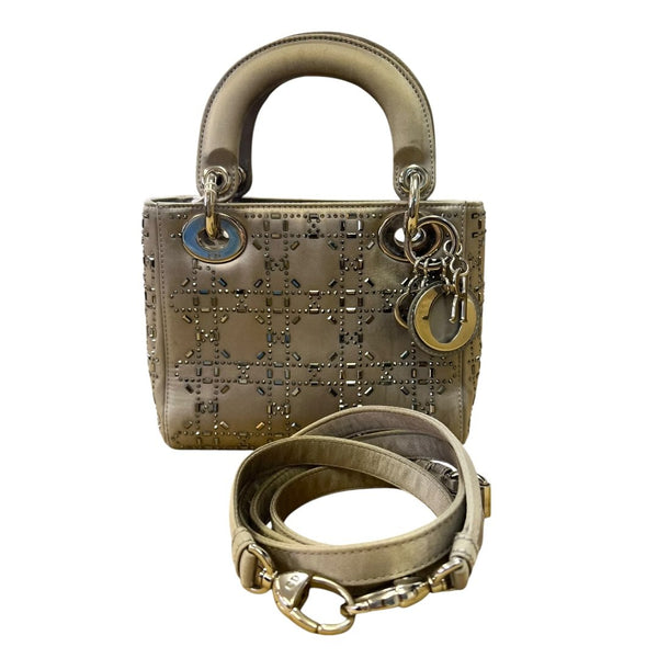 DIOR Embellished Satin Lady Dior Handbag Metallic Grey Silver Hardware Ch2157
