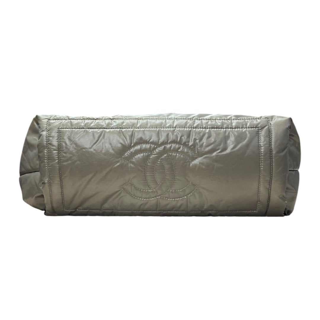 CHANEL Padded Nylon Coco Cocoon Tote Bag Khaki (exterior) / Burgundy (interior) Silver Hardware CH2163