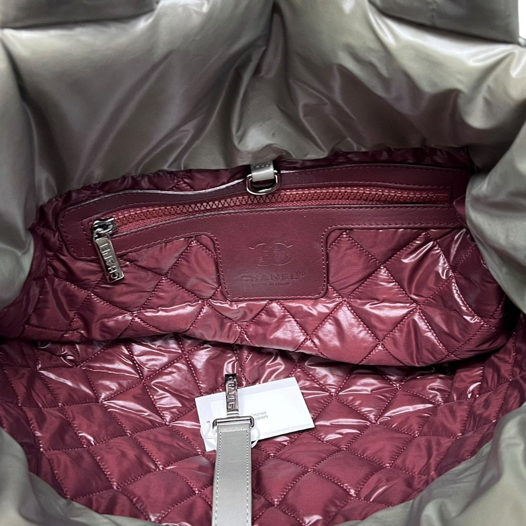 CHANEL Padded Nylon Coco Cocoon Tote Bag Khaki (exterior) / Burgundy (interior) Silver Hardware CH2163