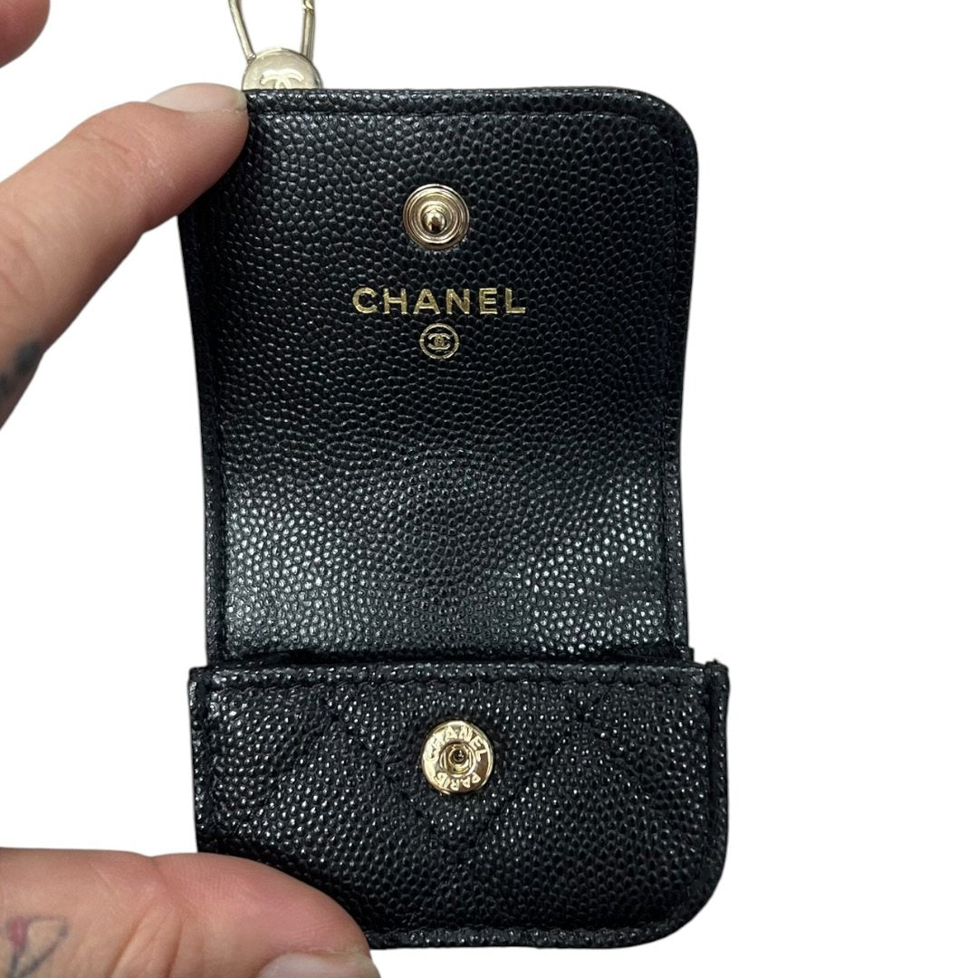 CHANEL Caviar Phone Holder with Airpods Pouch Crossbody Bag Black Crystal-embellished Gold Hardware CH2161