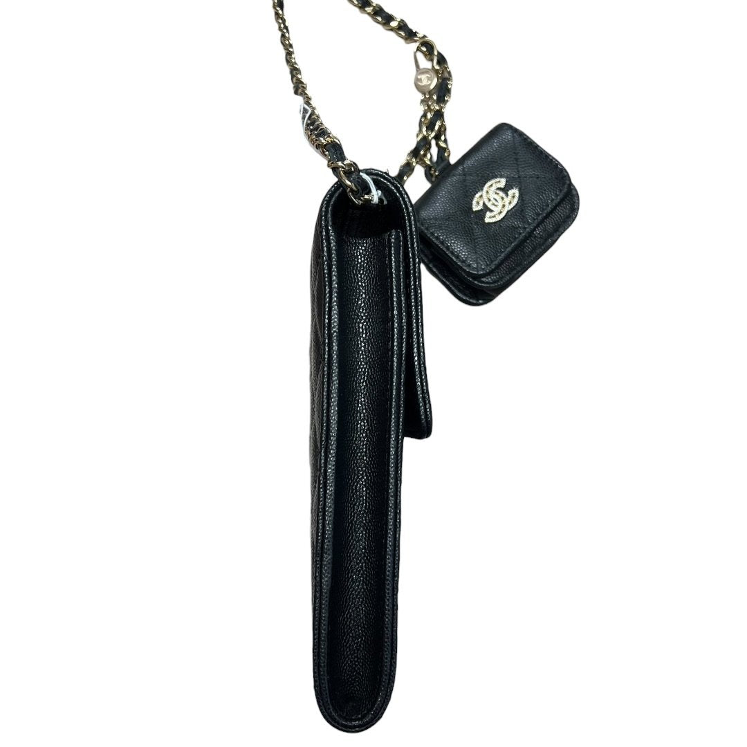 CHANEL Caviar Phone Holder with Airpods Pouch Crossbody Bag Black Crystal-embellished Gold Hardware CH2161