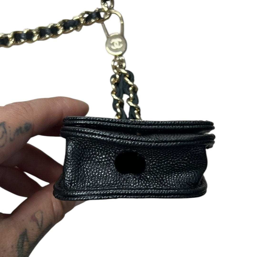 CHANEL Caviar Phone Holder with Airpods Pouch Crossbody Bag Black Crystal-embellished Gold Hardware CH2161