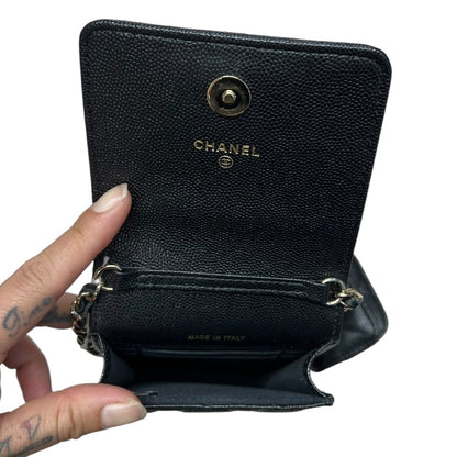 CHANEL Caviar Phone Holder with Airpods Pouch Crossbody Bag Black Crystal-embellished Gold Hardware CH2161