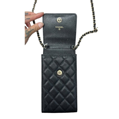 CHANEL Caviar Phone Holder with Airpods Pouch Crossbody Bag Black Crystal-embellished Gold Hardware CH2161