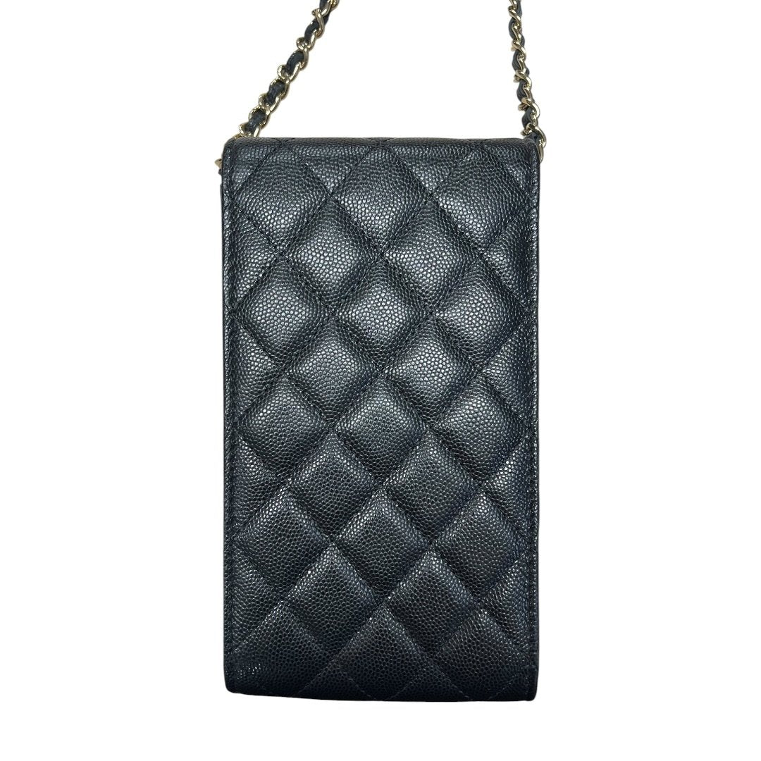 CHANEL Caviar Phone Holder with Airpods Pouch Crossbody Bag Black Crystal-embellished Gold Hardware CH2161