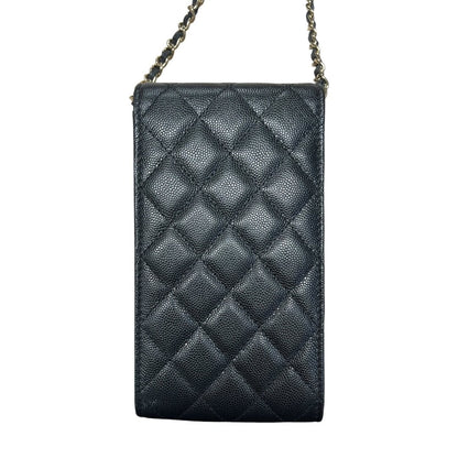 CHANEL Caviar Phone Holder with Airpods Pouch Crossbody Bag Black Crystal-embellished Gold Hardware CH2161