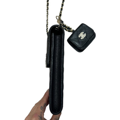 CHANEL Caviar Phone Holder with Airpods Pouch Crossbody Bag Black Crystal-embellished Gold Hardware CH2161