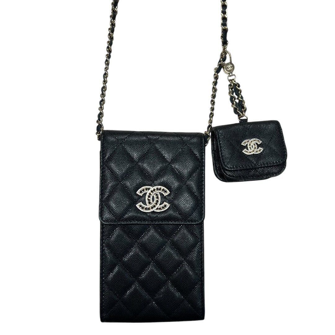 CHANEL Caviar Phone Holder with Airpods Pouch Crossbody Bag Black Crystal-embellished Gold Hardware CH2161