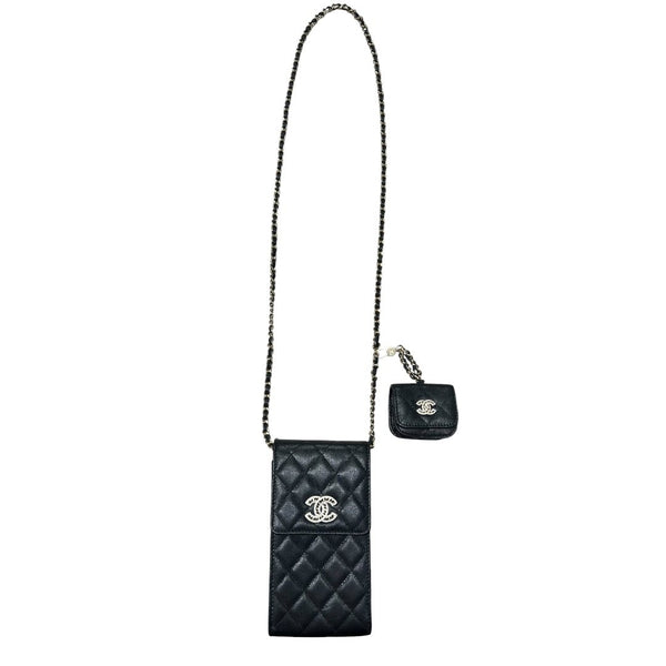 CHANEL Caviar Phone Holder with Airpods Pouch Crossbody Bag Black Crystal-embellished Gold Hardware CH2161