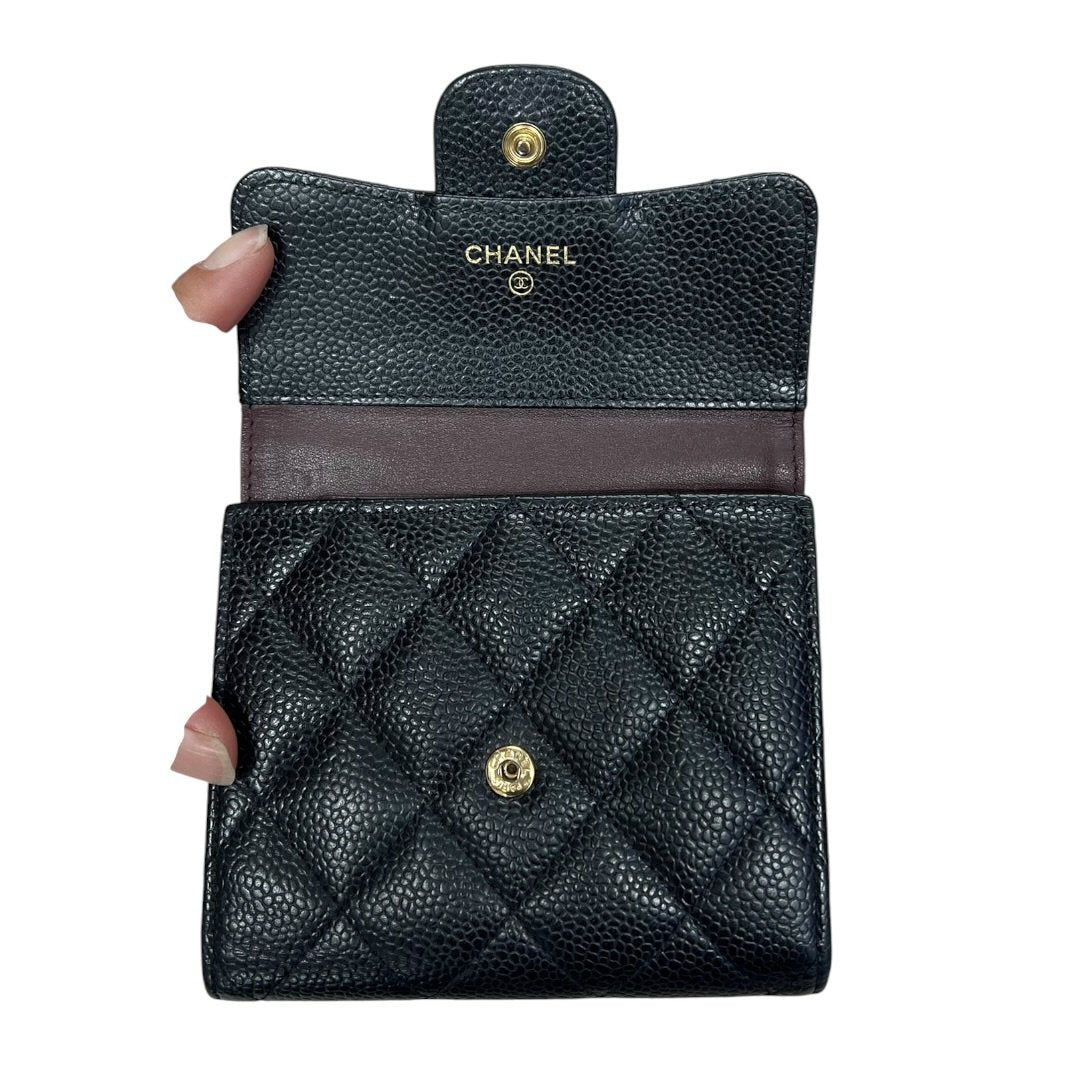 CHANEL Caviar Leather Classic Flap Small Wallet Black/Dark Red Gold Hardware CH2164
