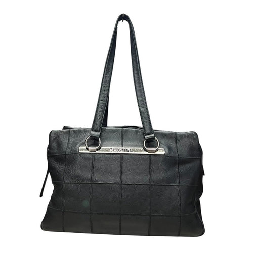 CHANEL Grained Leather Chocolate Bar Tote Bag Black Silver Hardware CH2162