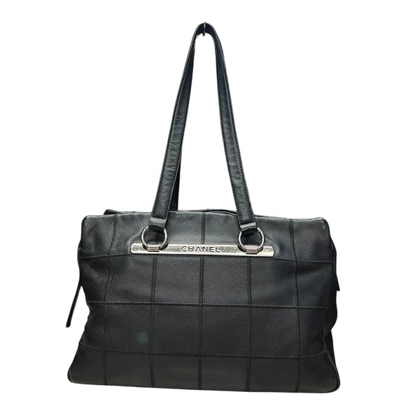 CHANEL Grained Leather Chocolate Bar Tote Bag Black Silver Hardware CH2162