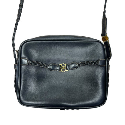 GUCCI Leather Vintage Braided Interlocking G Shoulder Bag Black Gold Hardware Gu655