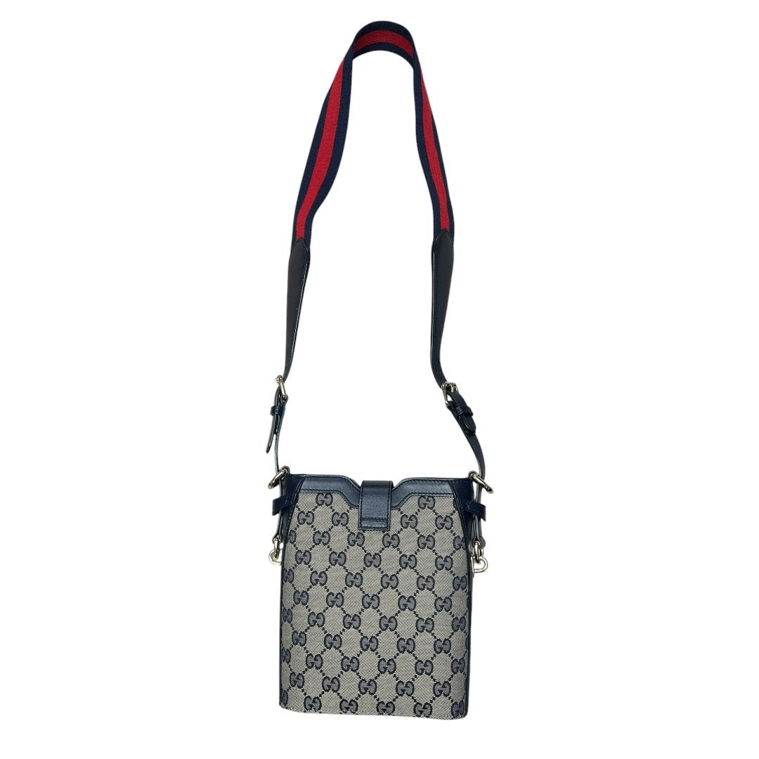GUCCI GG Canvas, Leather Mini Bucket Bag Crossbody Bag Navy Blue, Beige, Red Silver Hardware Gu642
