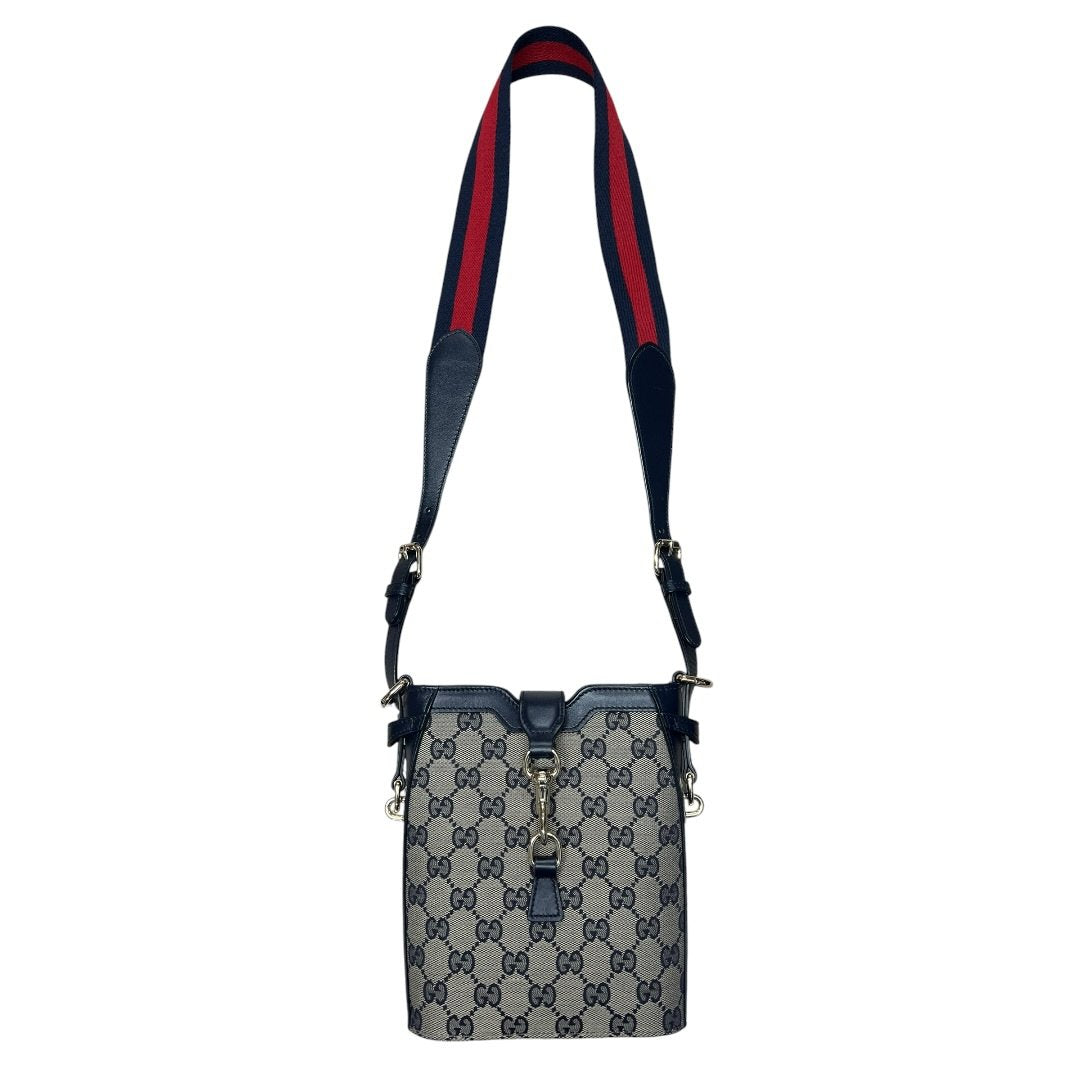 GUCCI GG Canvas, Leather Mini Bucket Bag Crossbody Bag Navy Blue, Beige, Red Silver Hardware Gu642