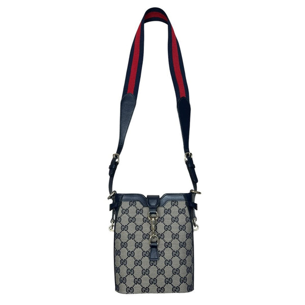 GUCCI GG Canvas, Leather Mini Bucket Bag Crossbody Bag Navy Blue, Beige, Red Silver Hardware Gu642