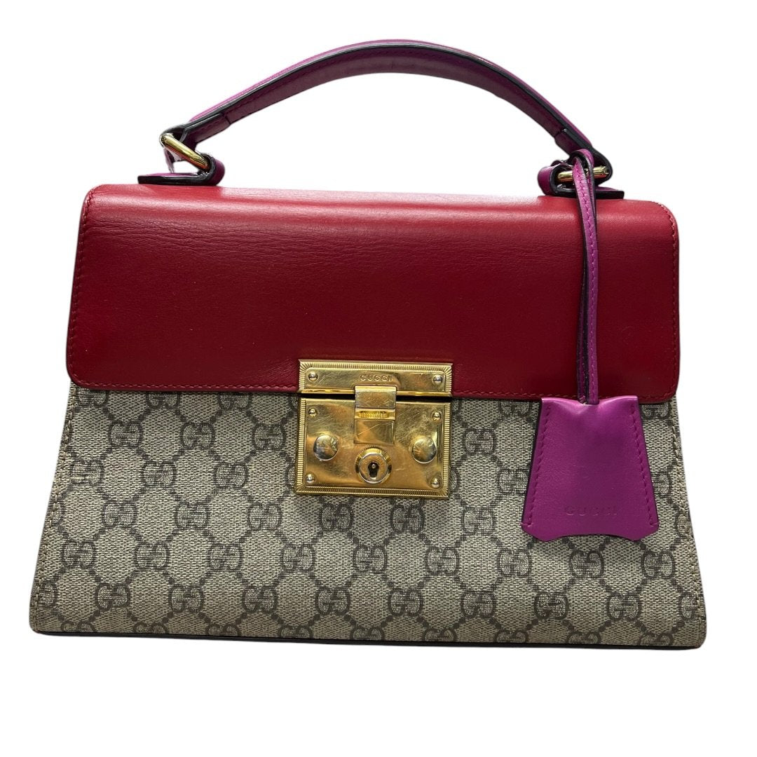 GUCCI GG Supreme Canvas & Leather Padlock Top Handle Bag Handbag Beige, Red, Fuchsia Gold Hardware Gu640