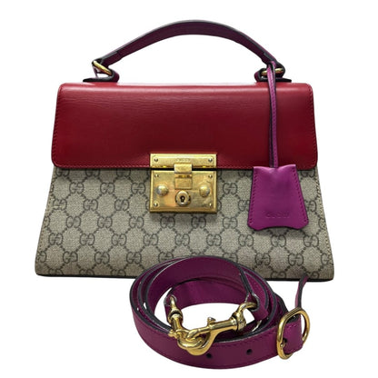 GUCCI GG Supreme Canvas & Leather Padlock Top Handle Bag Handbag Beige, Red, Fuchsia Gold Hardware Gu640
