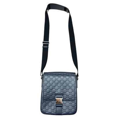 GUCCI GG Embossed Leather GG Embossed Messenger Bag Navy Blue Silver Hardware Gu651