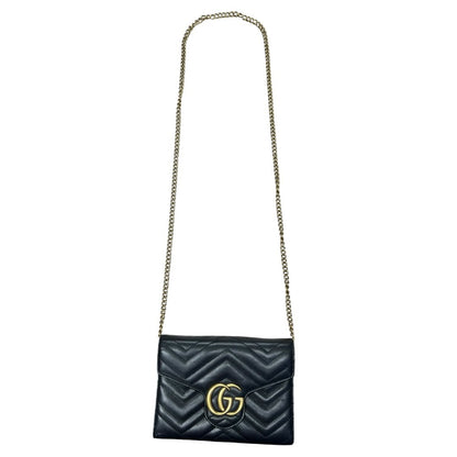 GUCCI Matelassé Leather GG Marmont Matelassé Wallet-on-Chain Black Gold Hardware Gu638