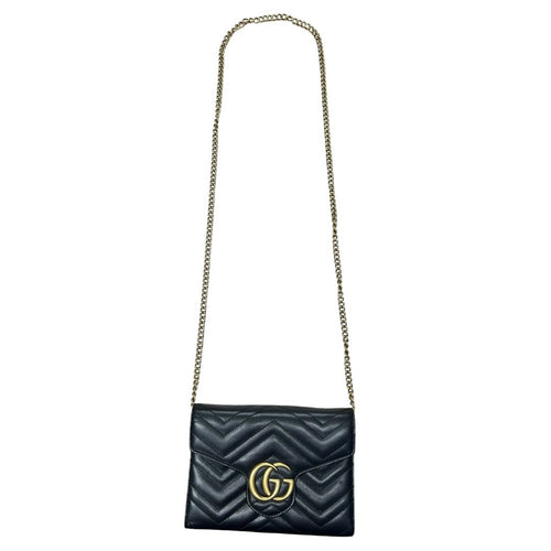 GUCCI Matelassé Leather GG Marmont Matelassé Wallet-on-Chain Black Gold Hardware Gu638