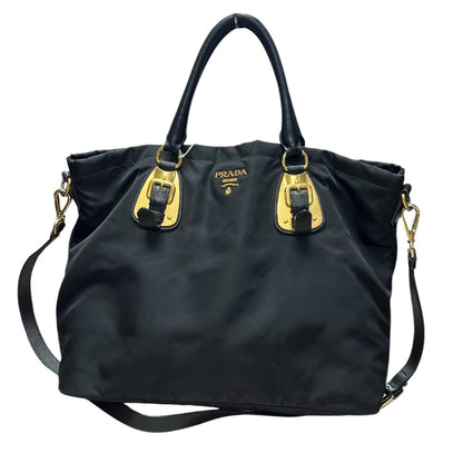 PRADA Tessuto Nylon Tote Bag Tote Black Gold Hardware PR206