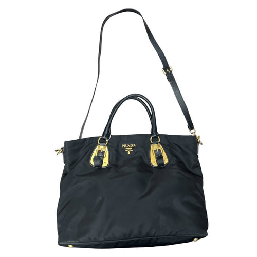 PRADA Tessuto Nylon Tote Bag Tote Black Gold Hardware PR206