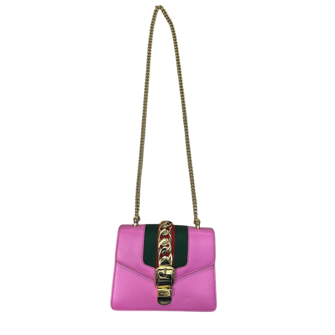 GUCCI Leather Sylvie 1969 Mini Shoulder Bag Shoulder Bag Pink, Green, Red Gold Hardware Gu641