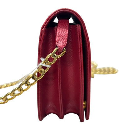 PRADA Saffiano Wallet on Chain Shoulder Bag Red Gold Hardware PR207