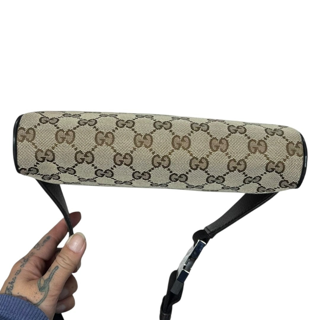 GUCCI GG Canvas Belt Bag Beige/Brown Silver Hardware Gu637