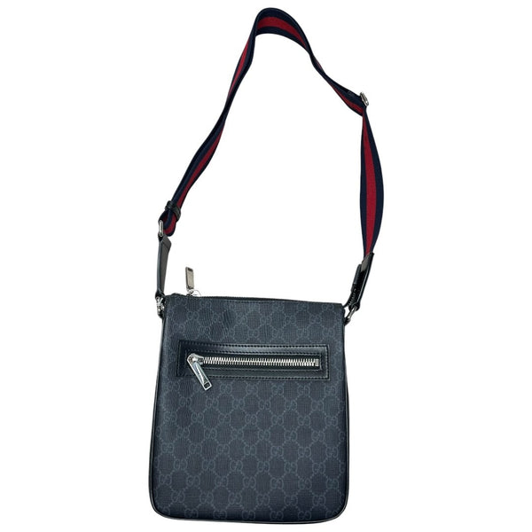 GUCCI GG Supreme Canvas GG Supreme Messenger Bag Shoulder Bag Grey/Black with Red and Blue Strap Silver Hardware Gu634