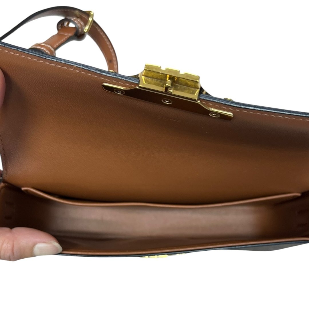 CELINE Triomphe Canvas Teen Triomphe Bag Shoulder Bag Dark Brown, Tan Gold Hardware Ce263