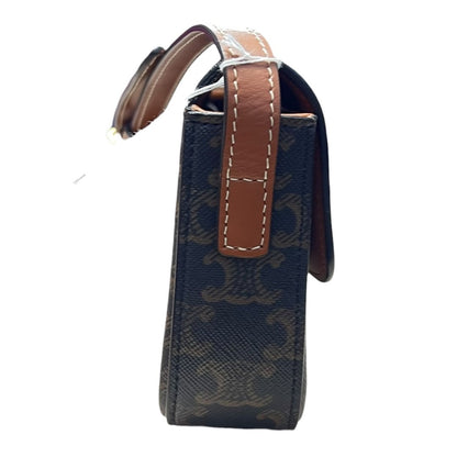 CELINE Triomphe Canvas Teen Triomphe Bag Shoulder Bag Dark Brown, Tan Gold Hardware Ce263