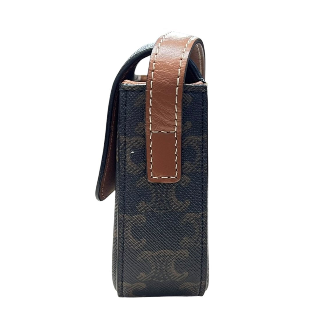 CELINE Triomphe Canvas Teen Triomphe Bag Shoulder Bag Dark Brown, Tan Gold Hardware Ce263