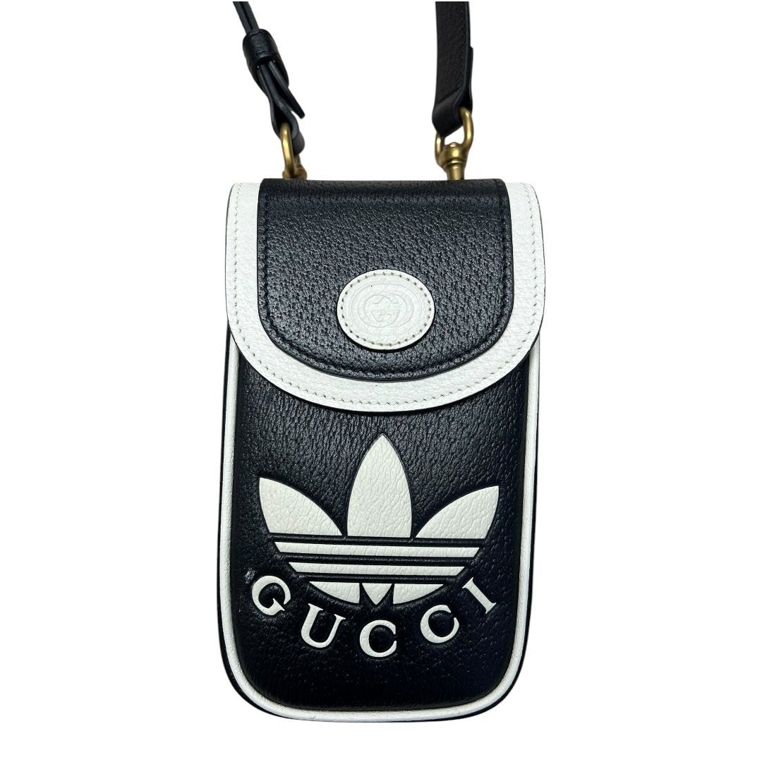 GUCCI Grained Leather Adidas x Gucci Phone Holder Black and White Gold Hardware Gu635