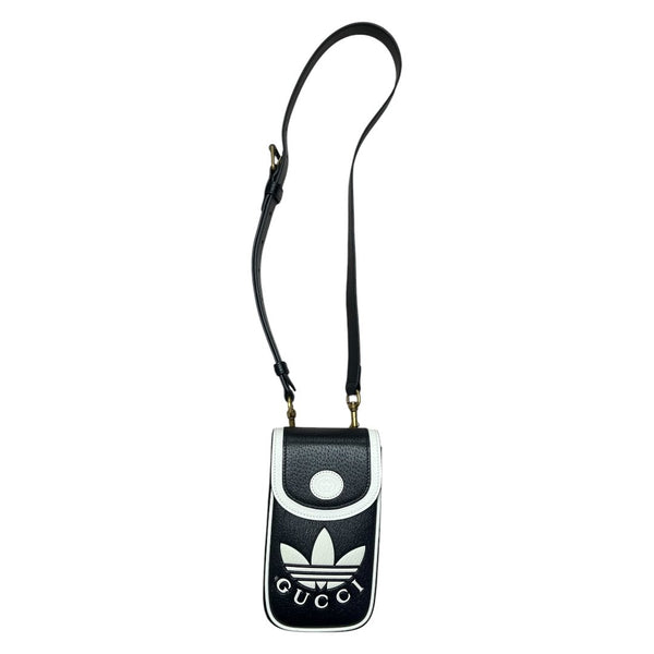 GUCCI Grained Leather Adidas x Gucci Phone Holder Black and White Gold Hardware Gu635