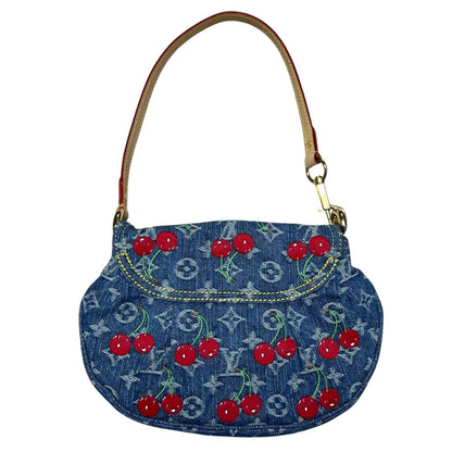 LOUIS VUITTON Monogram Denim, Vachetta Monogram Denim Cerises Sac Fermoir Shoulder Bag Blue, Red, Natural Gold Hardware LO2368